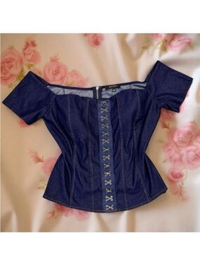 Vintage Y2K Off Shoulder Denim Corset Top Blue Coquette Piratecore Rencore